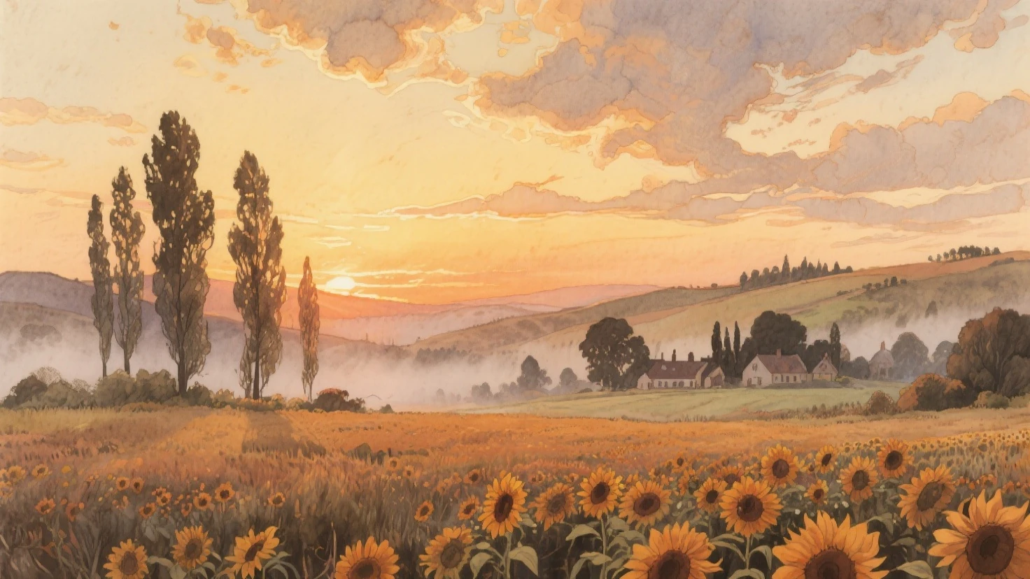 ((masterpiece)), (best quality), (detailed). A serene countryside landscape during autumn, featuring rolling hills, golden foliage, and a small cottage nestled among the trees. Realistic, 8k, rural scenery, autumn colors, peaceful environment, soft and warm lighting, natural color palette, rule of thirds composition, oil painting style, inspired by Claude Monet, trending on ArtStation. --auto --s2