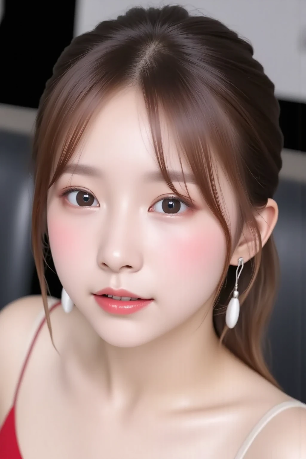 table top, highest quality, figure, Super detailed, finely, High resolution, 8k wallpaper, 完璧なダイナミックな構figure, detailed and beautiful eyes, ladies fashion summer,ponytail hair,small  natural color lip, bold  pose,smile,20 year old girl、cute、 shot looking at camera,wake up,Near-realistic quality,blonde,Eyes to the left,A bit of sharp beauty,don't wear clothes, 