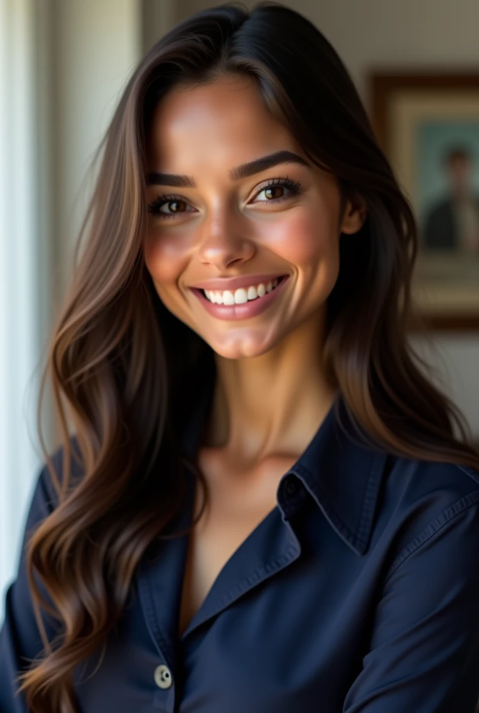 a photo-realistic portrait of a beautiful Palestinian woman with long brown hair, blue shirt, white teeth, and a cute smile, with highly detailed and realistic  features, modest expression, and realistic white skin tone