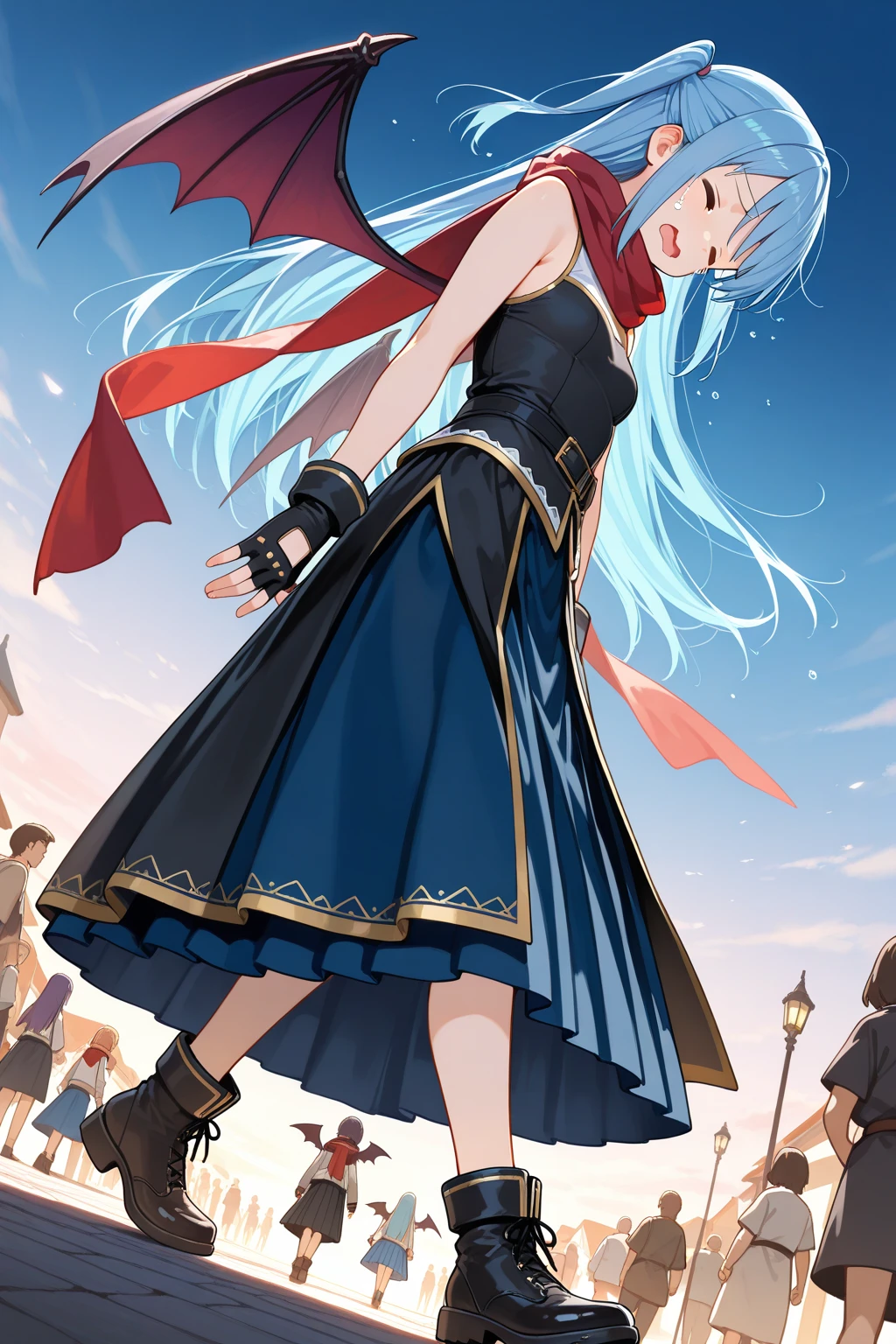 Red Blue Hair、Golden Eyes、Braid、One good looking girl、solo、anime、Checkered 、Ruffles on the skirt、Red T-shirt、Cape、Gothic、Black knee-high socks、Wearing a baseball cap、Wearing a ribbon、Ribbon on waist、Tilting face、Teeth are visible、Sunset sky、Piercing the clouds、Contrail、Cumulonimbus、Pillar of Light、Silver coin necklace、A world of light、shine、Tap from above、bell、torii、Desert Oasis、water is  out