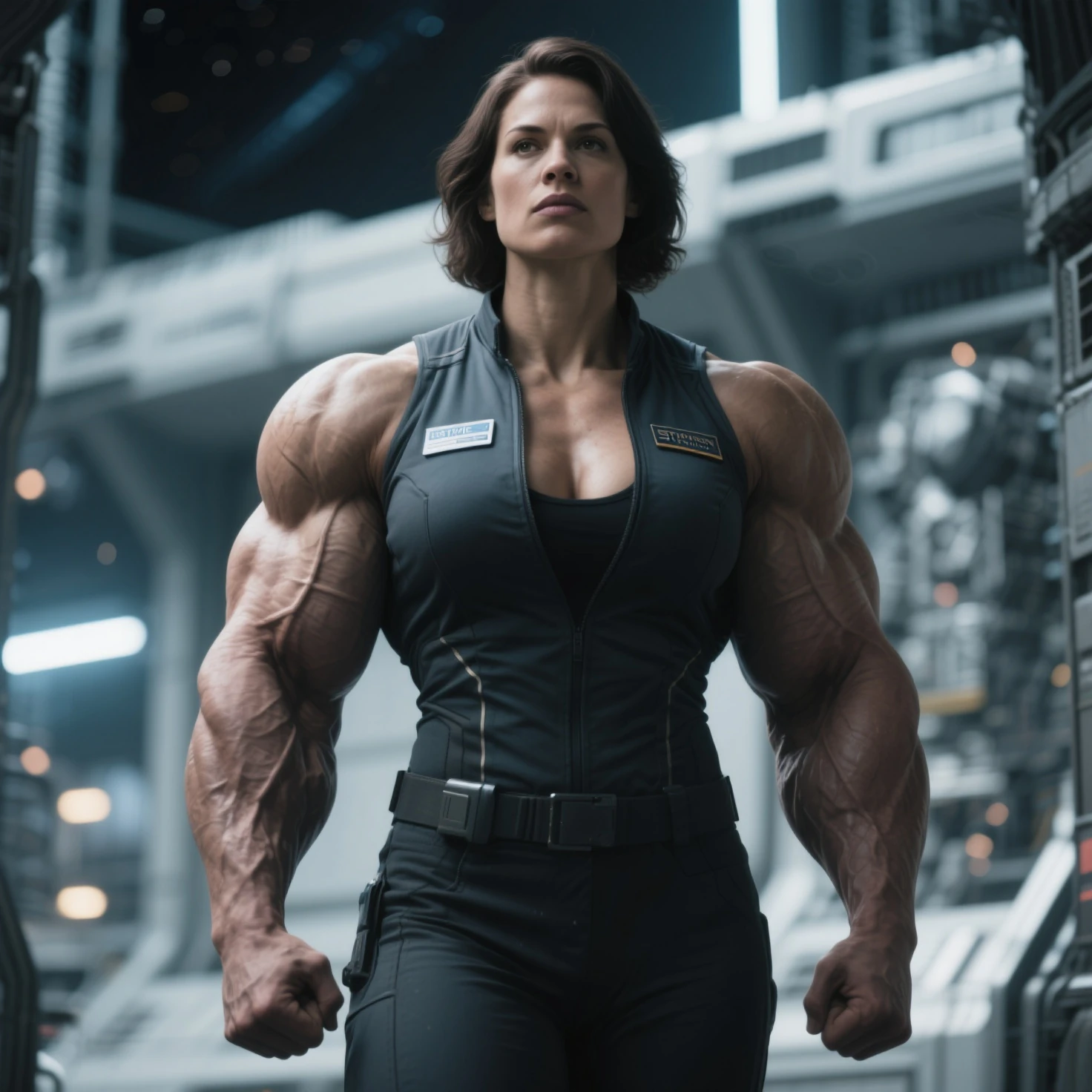 (Muscular:2), (large round :1.1), (large muscular and shoulders:1.4), FEMALE, brown hair, long brown hair, (big smile:0), (wearing a tight blue short sleeve Polo shirt and skirt:1.5), looking at viewer, (three quarter view:1.2), upper body view, (school hallway:1.5), dark lighting, detailed skin, detailed eyes, (dark skin:1.4), (huge round muscles:1.6), (arms crossed:1.5),
