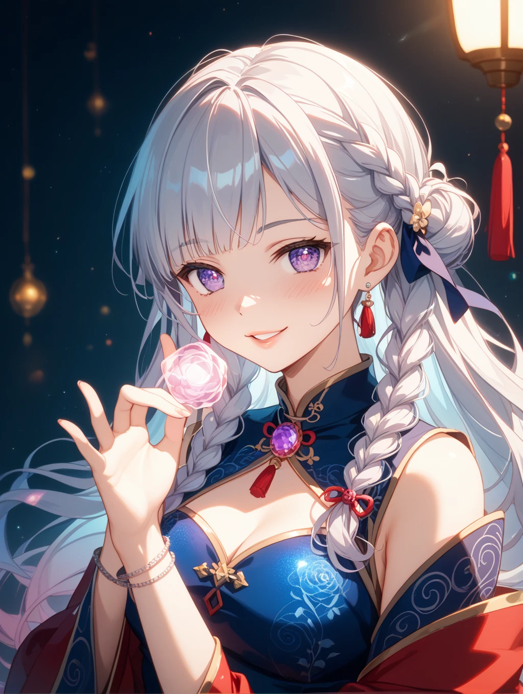 ((One personの女性)), Beautiful Face,((smirk)),((Wink:1.9)),((Touch your lips)), Laugh with your mouth wide open,((Bright red cheeks:1.4)),Shiny red lips,night,rooftop,Festive decorations,You can see the ocean, firework,Laughing with your mouth open,Glossy pink lips, lighting,((Anime style background)),masterpiece, Highest quality, so beautiful,up to date, Complex details, (Pink long nails),(ring),(bracelet),(choker),AI-generated, Complex,High resolution, Highest quality, super high quality,3D Images、3D Images,One person,Long white hair,High Ponytail,(Pale eyes),Anime woman posing for a photo, ((fine grain、White-blue colorful eyes、Shining Eyes:1.4)),(Squint your eyes:1.1),a hyperRealistic , hyperRealistic , Realistic,Anime woman with long white hair, Smooth anime CG art, A woman in a colorful kimono with gold embroidery, (Black long sleeve kimono),Red floral pattern,Long flower hair ornament,big floral earrings,Mature Body,(Big Breasts:1.1),expensive,Abdominal muscles,Tight waist,(Zoom up to face:1.7),Shooting from diagonally below