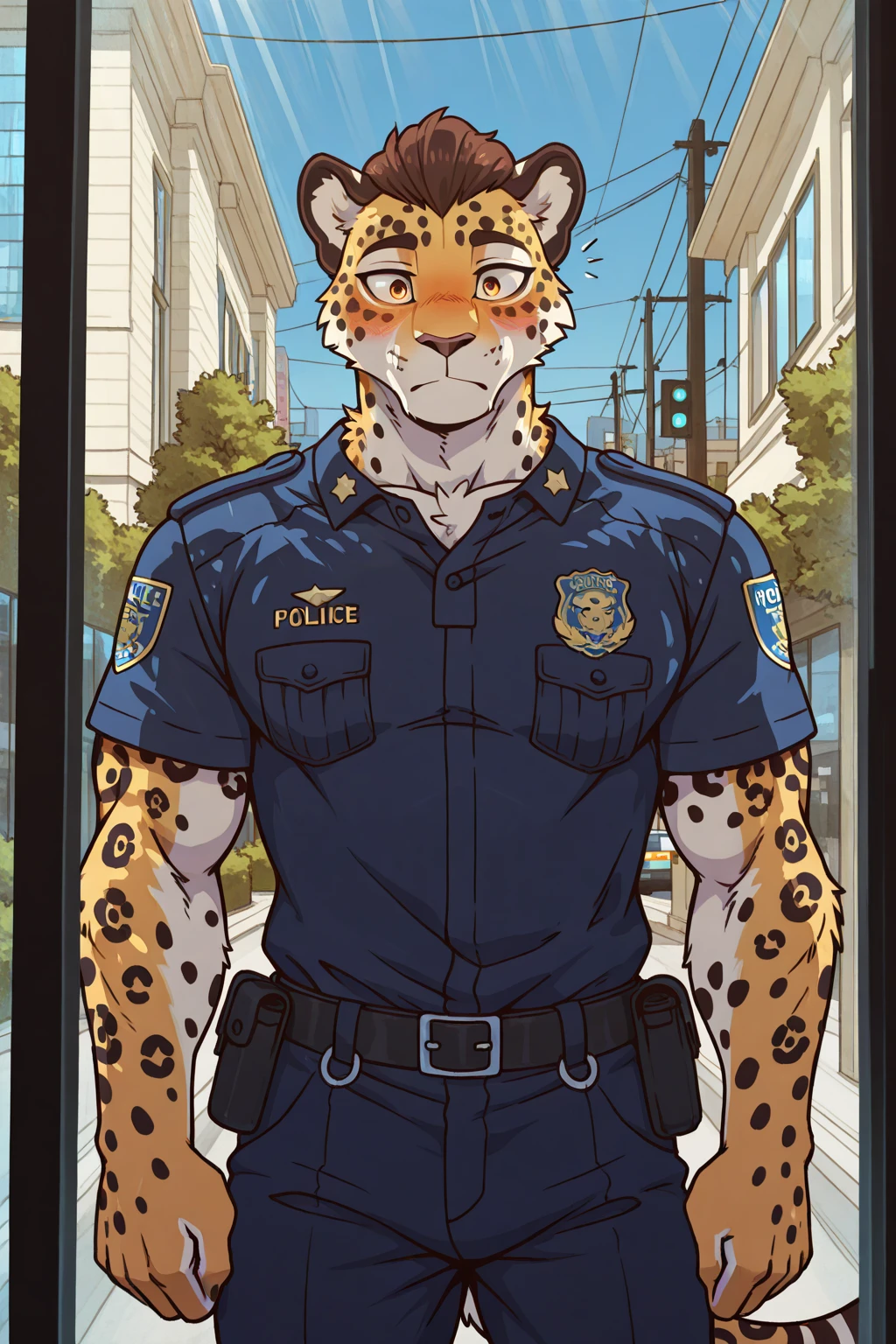 By bebebebebe, by lostgoose, by goonie-san, female, ((canine, snout, hair covering eyes, straight hair, medium hair, flat hair, ears, thin snout)), brown fur, big poofy tail, raised tail, dark maroon hair, (muscular, ), solo, smiling, happy, standing, (park ranger uniform), forest, (saying stop, hand out, stopping viewer, palm towards viewer)