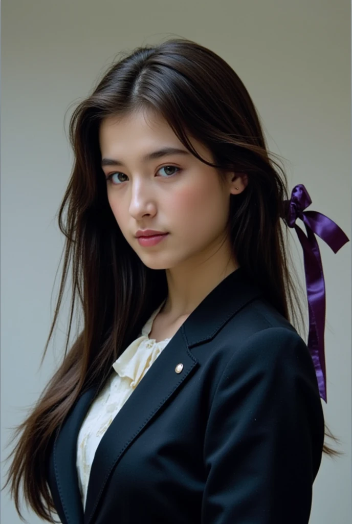 ( masterpiece, top quality, best quality,8k,17 years old girl,ultra detailed,raw photo:1.5),(photorealistic:1.4), (long black hair:1.5), (cinematic lighting), PerfectNwsjMajic, , Surrealism, UHD, ccurate, Super detail, textured skin, High detail, Best quality, dynamic angle, (high nose,White skin),[Beautiful blue eyes],[flat chest:large breasts:0.5],(1girl),(good :0.5)),(outside:1.5), uniform 