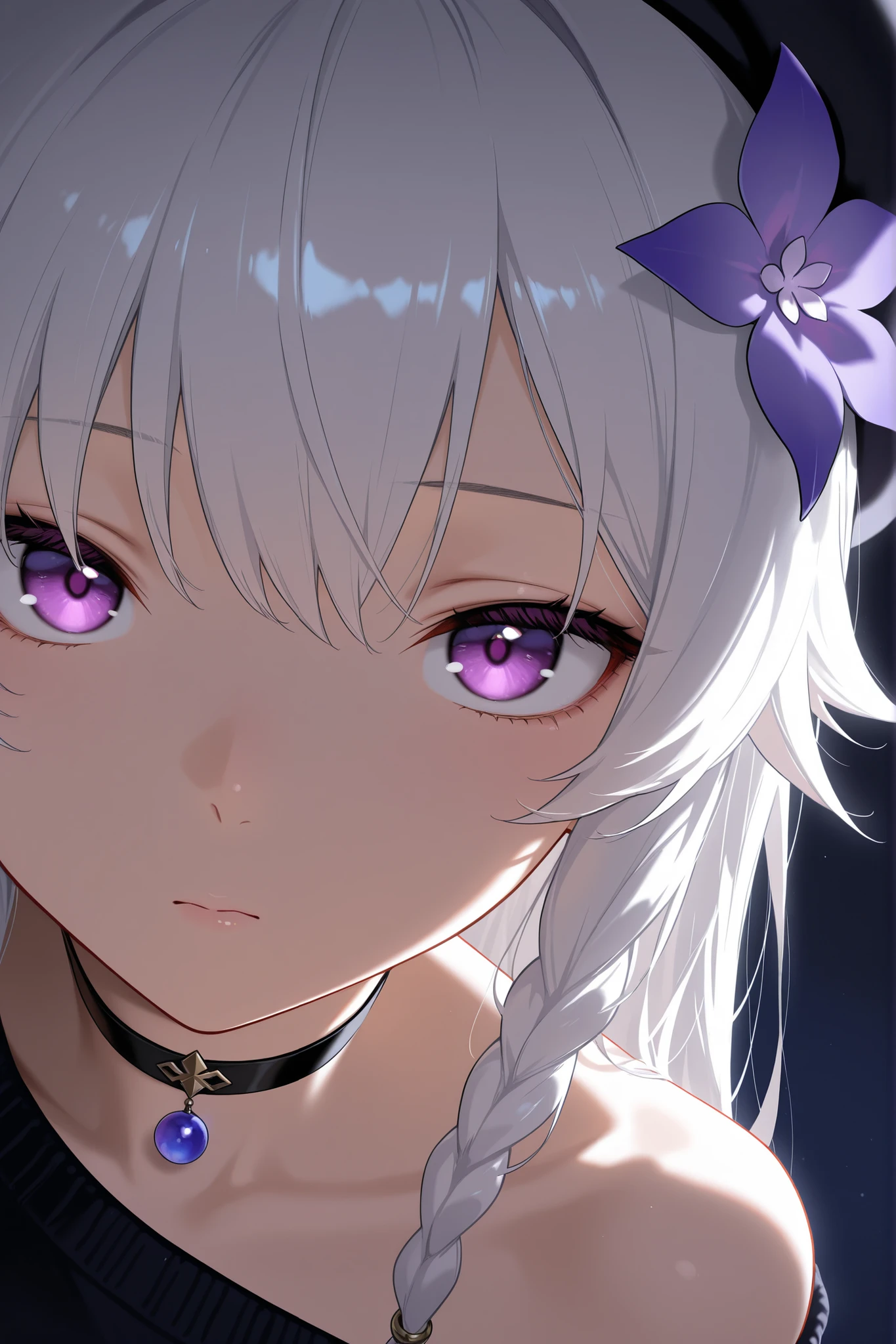 solo, handsome, 
1. Female,
Hime cut,Straight Hair,Bob Hair, 
White hair, 
Nakano Yotsuba,
purple Eyes,Soft look,beautiful,beautiful,,Darkness,Lots of silver earrings,choker,
White Off Shoulder,White Distressed jeans,,
White skin,
black  background,