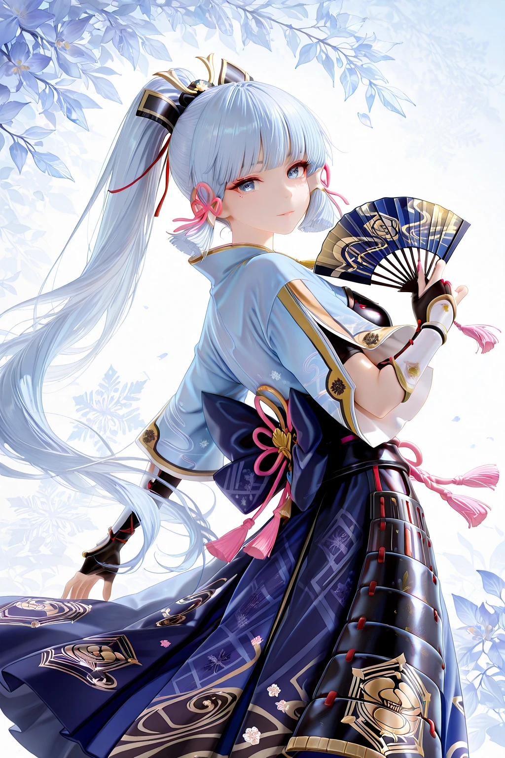 ((kamisatoayakadef)),1 Anime Girl, Warrior, Realistic people,Realistic, beautiful, smile, elegant, Majestic, Splash Art, Particles of light, Diamond Blade, Dynamic pose, ((fan、fanを持っている))((fanを広げる)),milky way, (Fractal Art:1.1),(Ice Flower:1.4), Most detailed,(抽象的なbackground:1.1), (Shiny skin), (Many colors:1.4), Ultra-high resolution,, masterpiece, Accurate, Anatomically correct, texture.(background:snow、snowの街、snowの結晶、Wind、旋Wind)
