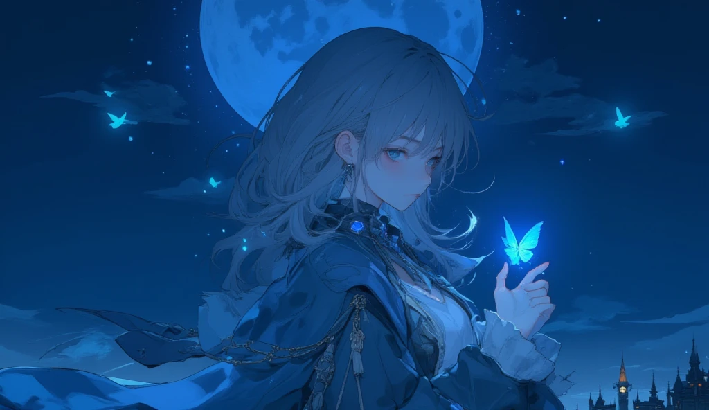 navy sailor、Black Wings、Black crown、girl、whole body、Black Hair、Cute black cat ears、beautiful青い目、Black crown、Black and blue vampire wings、强Light、return々s face、beautiful、Blue Moon、许多闪烁的灯Light、gem、大量蓝Light、Fantasy black cat，AmbiLight，Bright and colorful，black background，mist，Detailed description，Rich details，Explosion of imagination，Surreal的，Surreal，masterpiece，8K，Light，Tyndall effect