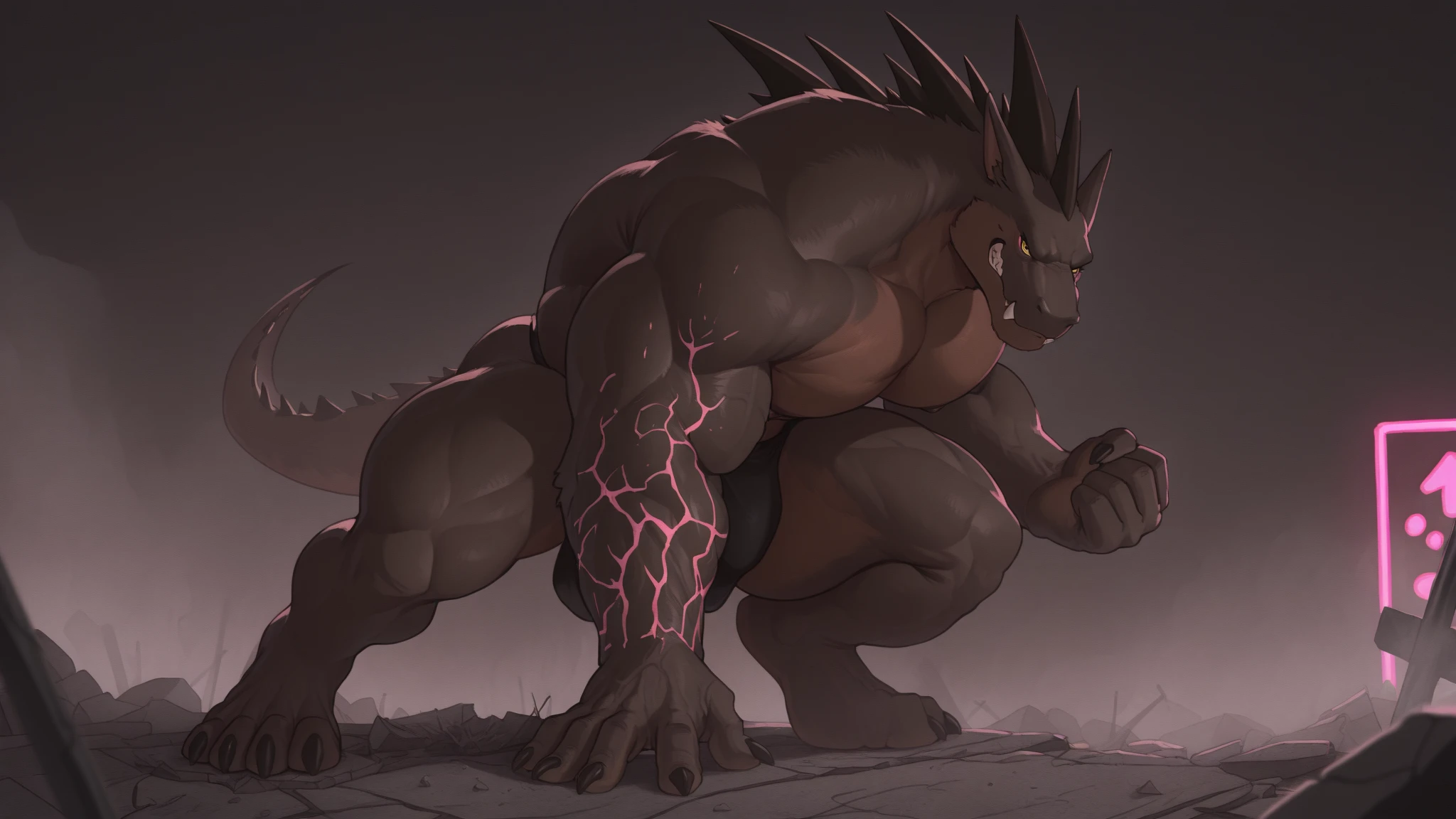 , Zekrom, muscular, massive pecs, , dominant, high angle, large black bulge, hands behind his head ,glowing red eyes