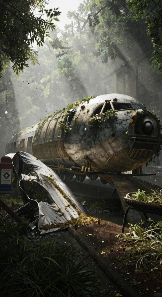 stalenhag, (dense alien jungle swamp:1.3), old destroyed parts rust atom nuclear, sci-fi, knots colorfully raw surface, smooth round shapes, hdr, 8k, 4k, octane renderer, huge detailed, artstation