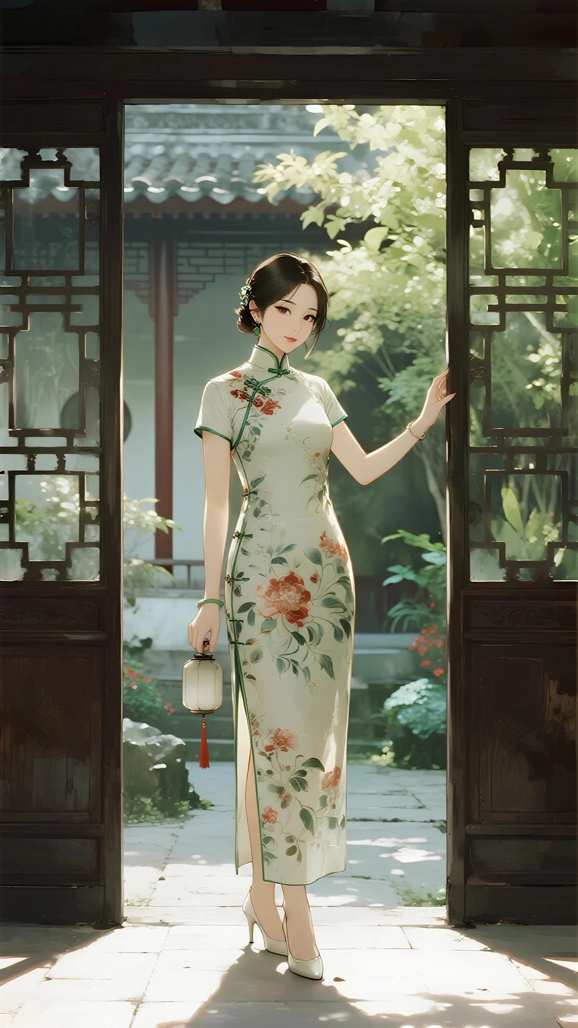 woman in a qipao sitting on a ledge , fashion jumpsuit cheongsam, sleevless, by Qiu Ying, chinese style, chinese dress, a beautiful artwork illustration, exquisite digital illustration, by Qian Xuan, by Qu Leilei, by Ye Xin, ancient chinese beauties, by Qian Gu, by Zhan Ziqian, chinese art, chinese girl