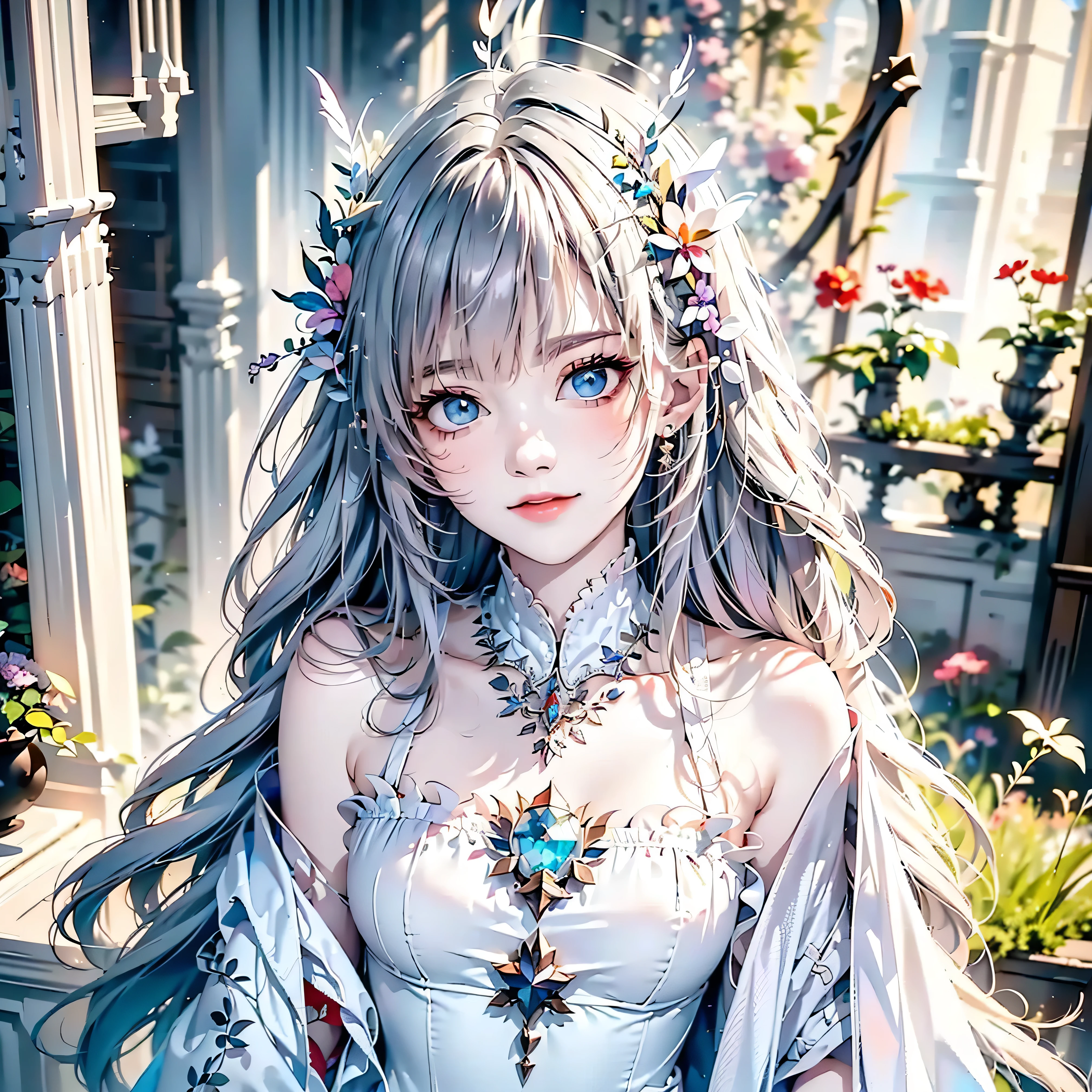 (Highest quality, 8K, CG), Beautiful and exquisite body, Delicate face,Purple-silver hair,Wavy Hair, Gradient Hair, Long Hair,Wearing a circlet, Purple eyes,Fluffy long hair, Almond Eye, Exquisite eye makeup, 長さ eyelashes fluttering, Dancing Princess,Dancer, Delicate lip detail, Soft and harmonious style), shoulders, bracelet,gem,Suspended particles,Dynamic pose,romantic,grace