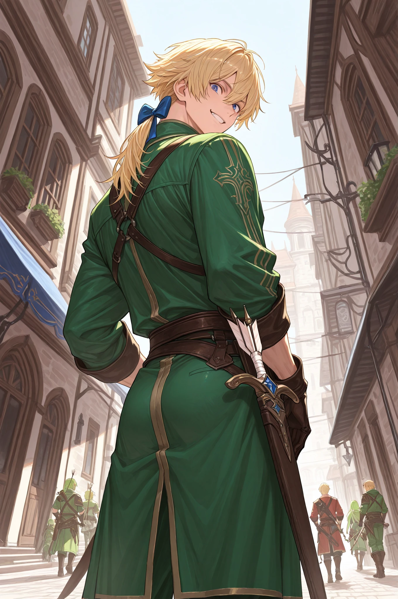 The protagonist of the game The Legend of Zelda，Link，Beautiful boy,solo person,assassins,Keep one's mouth shut,serious,Thinking,blond hairbl,Elf short hair,Traveler's boots,Carrying a large sword on his back，Look into the distance,Serious eyes,feathers hair ornament,Assassin attire,夏天,rainbowing,floating islands,natural soft light，Higher quality,Works of masters,Best image quality,超高分辨率,8K分辨率,exquisite  features,s the perfect face,male people,solo person