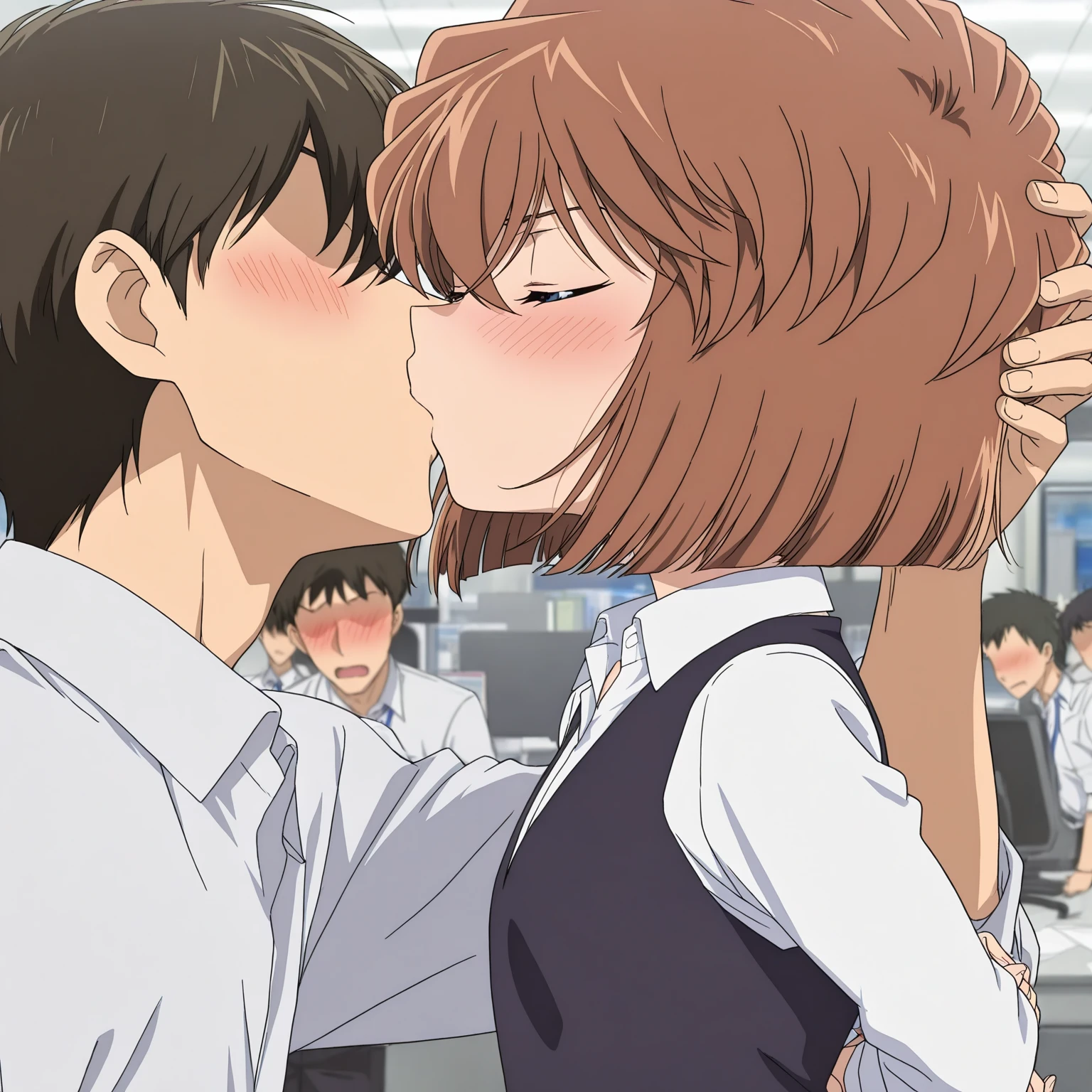1 girl, 1 boy, Misty (Pokemon_HGSS), Ash Ketchum, Office suit, woman, indoors, office, passionate kiss, hug by the waist, taller girl.