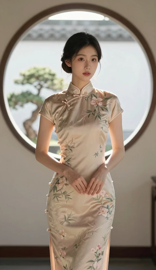 (16k wallpaper, masutepiece, Best Quality, Ultra-detailed, Highly detailed realistic photos, Beautiful detailed eyes, Solo, curby, qipao dress, chinese clothes, thighs thighs thighs thighs, Voluptuous, Chinatown), Ultra High Resolution, Fine skin、Sexy, 20 years old, Smile, Beautiful Girl