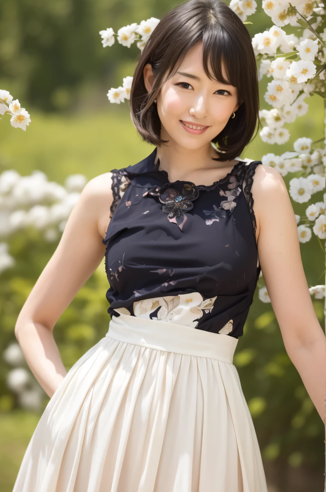 最high quality、high quality、Best image quality、8k、, are visible、Pleated skirt,最High resolution、High resolution、最high quality、masterpiece、RAW Photos、whole body写真、Detailed and realistic human body、Detailed and realistic skin、Realistic face in every detail、Detailed and realistic eyes、Detailed and realistic lips、Detailed and realistic teeth、Detailed and realistic ears、Detailed and realistic hair、Detailed and realistic weapons、Realistic reproduction of every detail、Realistic fingers in every detail、(Beautiful Hands、thumb１reference４)、Realistic feet down to the last detail、((Beautiful Japanese Woman))、(Japanese Model)、((21 year old beautiful woman))、(Black Hair)、(Straight hair)、((whole body))、(Slim and perfect figure)、(whole body光沢肌、Fair skin)、Detailed and realistic human body、Detailed and realistic skin、Realistic face in every detail、Detailed and realistic weapons、Realistic fingers in every detail、Detailed realistic feet、Soft natural light、Japanese garden、A 360-degree view of hydrangea fields、((Standing in the middle of a hydrangea field(A girl surrounded by hydrangeas 360 degrees))、Poses to make your thighs look beautiful