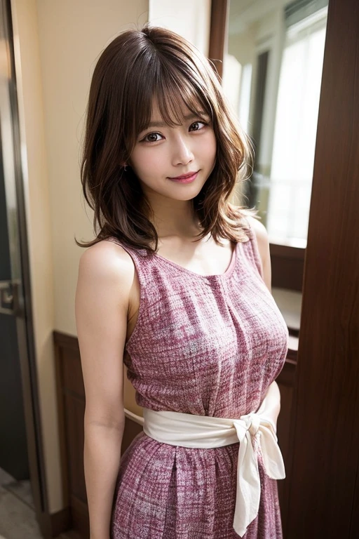 Wearing a nightgown、｟Pose looking back ｠、｟Colossal tits:1.2｠,｟Skin revealing｠、absolutely outstanding image, very extremely beautiful、​masterpiece, top-quality,a picture, kawaii、8K、a bed、natta、Indoor light、a smile