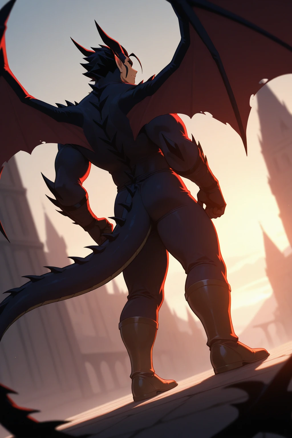 , Zekrom, muscular, massive pecs, , dominant, low angle, massive black bulge, on his knees, panting expression, dripping