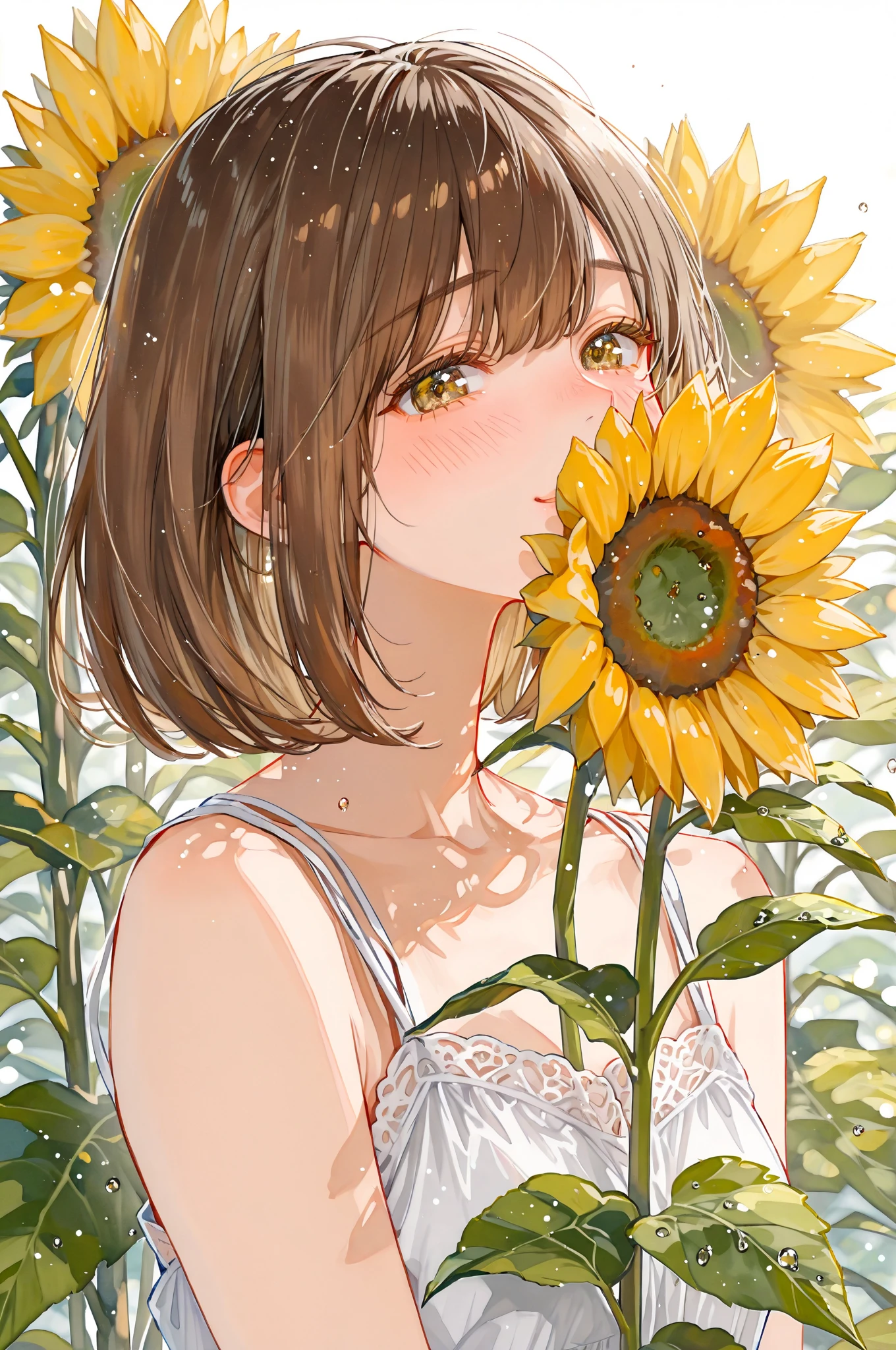 In a beautiful landscape with the rising sun、This is an 8K ultra-high definition illustration depicting a young woman smiling happily in the glowing sunlight.。She flowers colorful々Standing in a vast flower field colored with、In elegant pose holding a swimsuit with a bright watermelon cut in his hands。

In the background, the sky with the rising sun and a spreading flower field are depicted.、Beautiful colors and breath of nature are felt.。Sunshine shines on the flower garden、florals々The colorful glow brightly illuminates the surroundings。

The young woman who is the subject is、In a short bob with black hair、The inner color is dyed colorfully.。Her smile is illuminated by the morning light、The happy expression is attractive。She lifts a cut of watermelon with both hands、Expressing gratitude to the sun。

Flower garden々Kinds of flowers々Blooming profusely、They create a fantastic atmosphere around her。The birds' singing echoes in the wind、Adds more beauty to the morning silence。