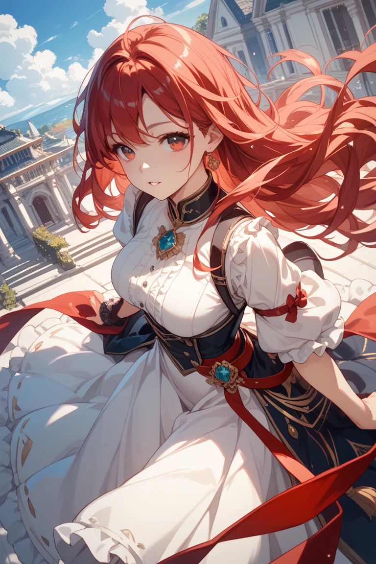 4K,High resolution,One Woman,Red Hair,long hair,Braid,Blue Eyes,Big Breasts,Ancient Chinese Generals,Ancient Chinese White Armor,Heavy Armor,Full Armor,Sideboob,ancient chinese crown,Long sword,Ancient Chinese Villages