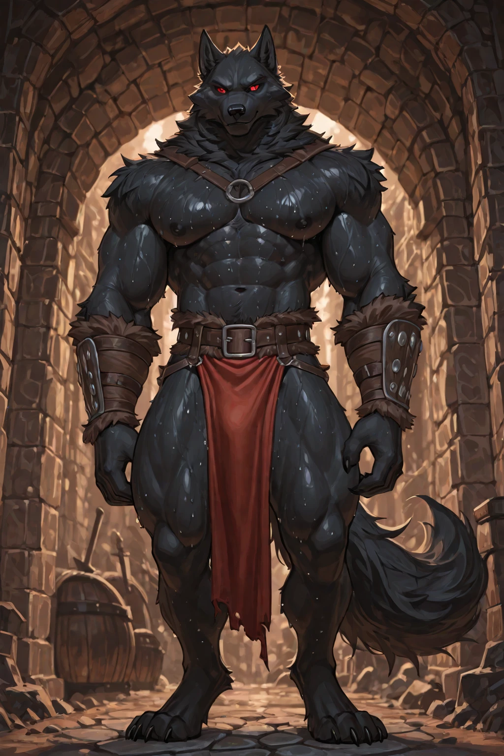 A muscular black jackal posing seductively standing with their side to the viewer in a bathroom doorway showcasing their muscular body and their massive veiny  black  with throbbing  below, hand on hip, Masterpiece, highly detailed image, highly detailed , 4k, 4k resolution, black +,  base, big , by Truegrave9, by Virtyalfobo, by Chunie, by Clockhands, thick theighs+, huge +, big , inviting, inviting viewer, solo, long tail, looking pleasured+, dominant male, plain background, bedroom eyes+,  male, bubblebutt, big butt, quote "think you can handle this?", presenting,  towards viewer, looking over at viewer, black skin+, ebony skin+, perfect eyes, blushing, hyper muscles, huge leg muscles, veiny legs, theigh veins, ,  drip, sweat, hand behind head, leaning against wall, side view, viewed from the side,