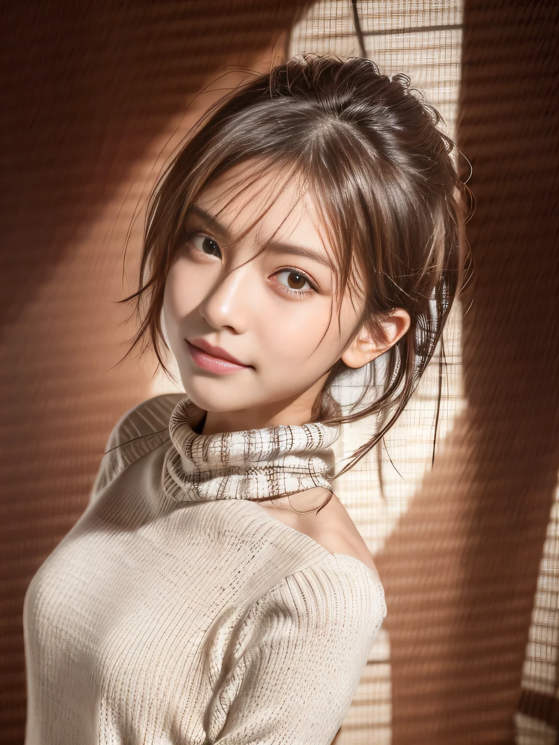 (A hyper-realistic), (hight resolution), (8K), (ighly detailed),  (beatiful detailed eyes), (top-quality), (ultra-detailliert), (​masterpiece), (A detailed face), softfocus、face of emma watson、Colossal tits、japanes、Background of the Great Wall of China、Tie your hair into a bun、A smile、