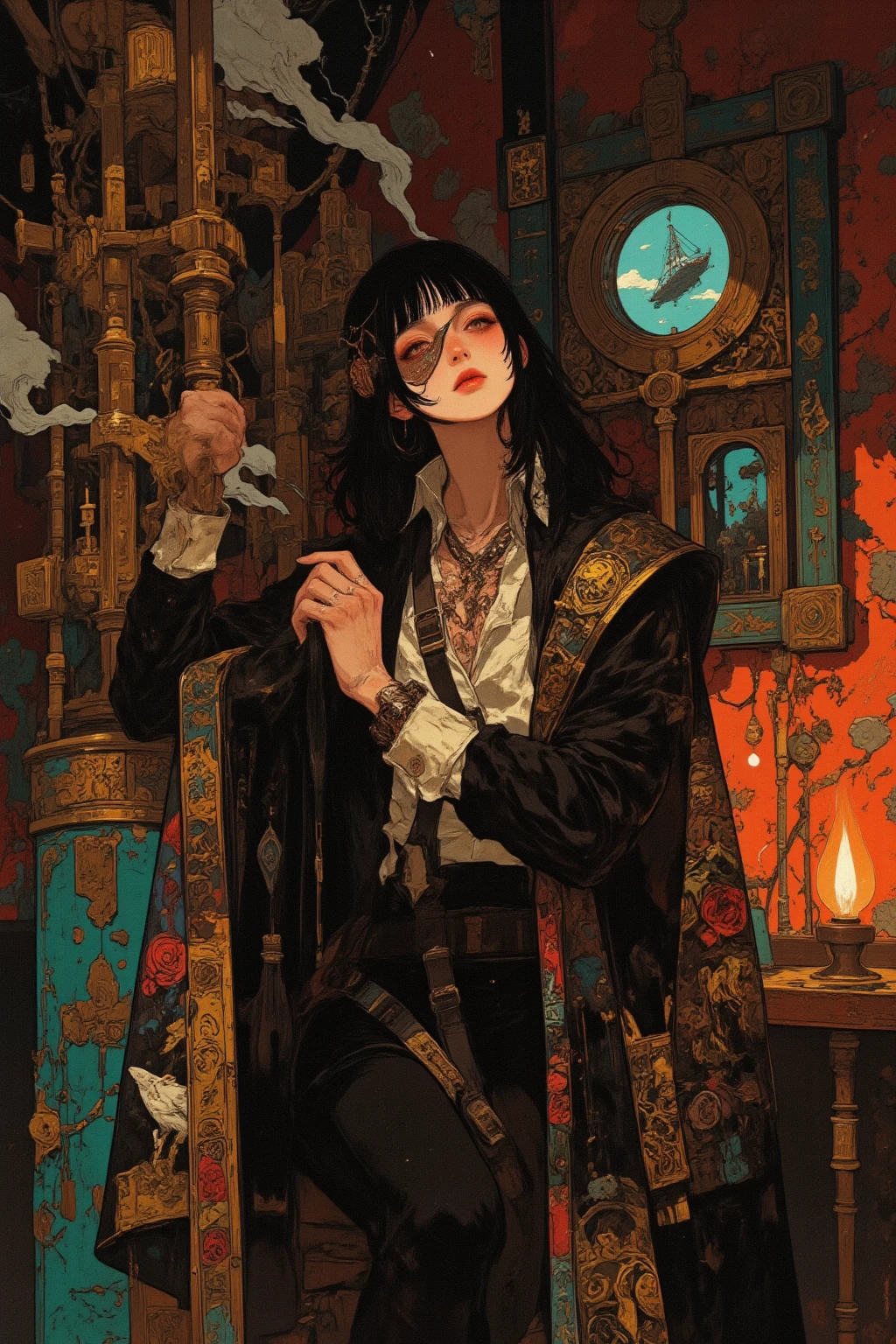 highest quality,masterpiece,((tarot cards,(Horror taste)、Art Deco Frame)),１７：star、美しいの女性がstar空のもとで、Watering the earth and the sea。The fantastic scenery is、It's like it's not a real world.。prism、lame
