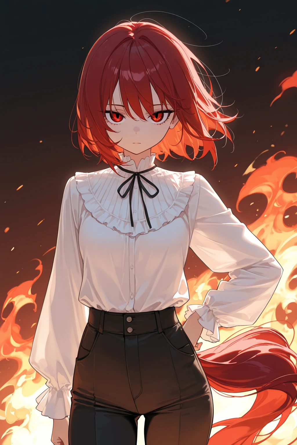 absurdres, 8k, 4k, masterpiece, hyper extreme detailed:1.2), solo, 1girl, front view, perfect face, 1girl, portrait, expressive eyes, looking at viewer, solo, green eyes, standing, mature female, , pale, long black hair, groan, casual wear, adult, looking forward, front view, black horns, confident, cautious, rational, messy hair, wind, windy, moving hair, moving clothes, swept bangs, front view, unyielding, mature body, tomboy, dragon tail, adult, black nails, wild hair, velvet crowe, scars, fatigue, Black Demonic Horns, Dragon Horns, Dragon Tail, fire, long skirt, hands in pockets, white shirt black letters,  shoulder, shoulder strap, suspenders, velvet crowe, velvet-outfit, red hair gradients, village background, fiery, flames, burning,
