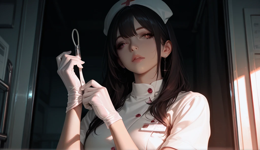 (Detailed illustrations,Very detailed and detailed drawing,Delicate lines with slow and rapid,Realistic texture expression),[Color tressed main line],Inorganic concrete room[Night Hospital],(Japan adult female[28 year old](Zombie Nurse))Hair put together [SKINNY((Small ))][pale skin](sickly look),([bandaged] Fashion),[[Return blood]],(Fine and beautiful skin expression [Transparency]),[Perfect eye details (Iris beautifully drawn in every detail)[Jewel-like eyes]],[long and beautiful eyelashes],[Meticulously drawn hair],(Perfect hand details [Beautiful fingers without breakdowns [Beautiful nails]]),(Perfect (Perfectly proportioned))[[Full body like]],[Ideal color coordination(Accurate simulation of light-material interactions)],([Precision Detail](detaileds,high-detail)),[[Pale and gentle colors]][Visual art that conveys a sense of narrative] [[Eros in the Natural Body]].