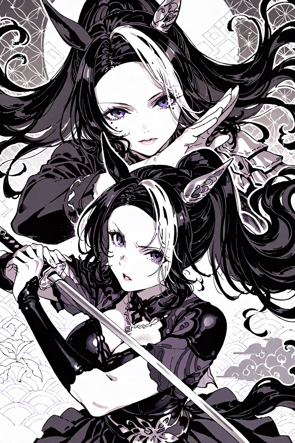 garota and roupas cybersigilism gotica, and (Barbed wire through the body) cabelo preto and pontas branca，1 girl，Black Tears，Black and white