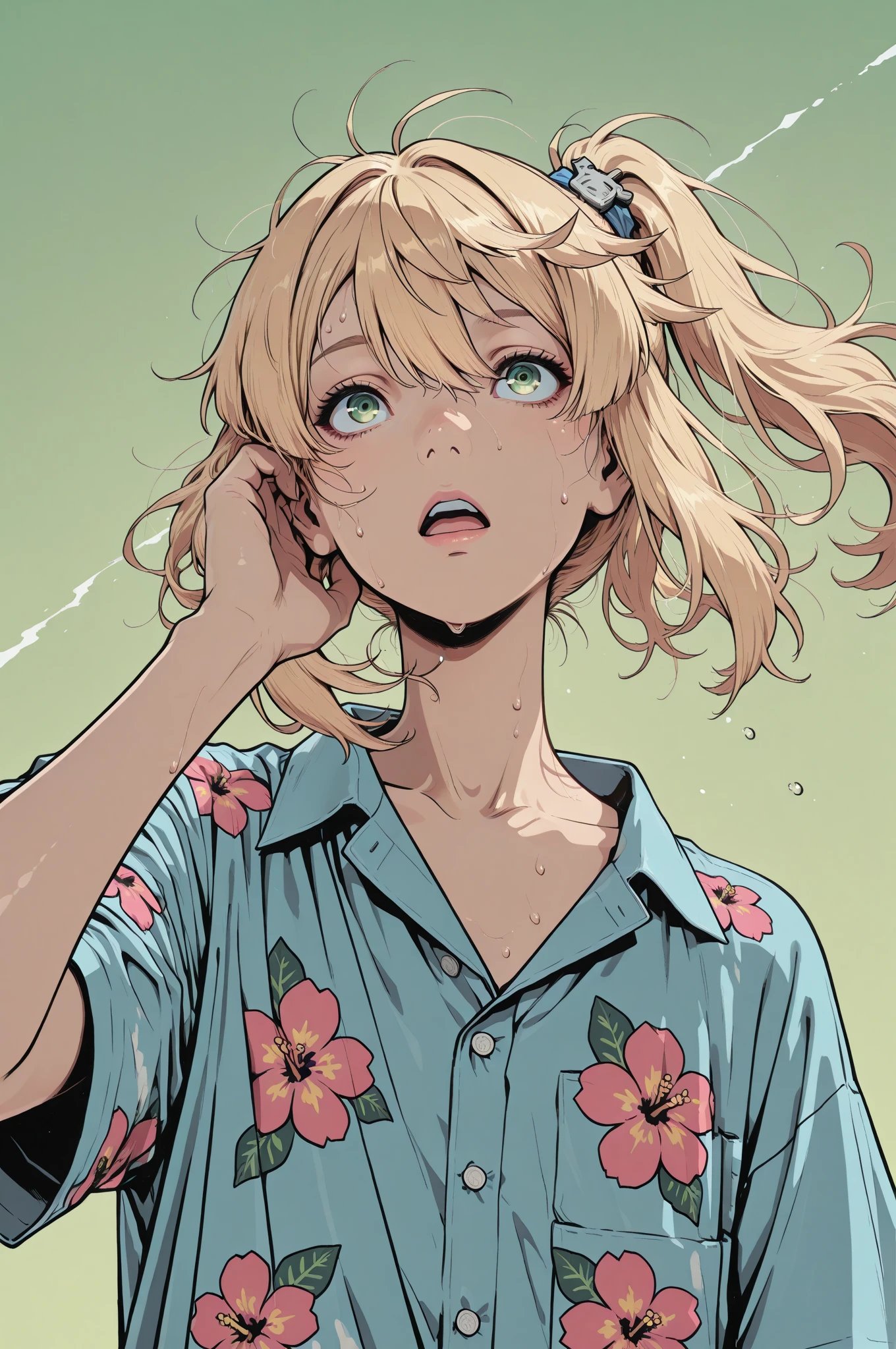 blonde, ponytail, Blunt bangs, Yellow Eyes, Yellow eyelashes, Beautiful Girls in Anime, Clean small surfaces, 1 cute girl, Adult Gal、Highest quality、ウルトラ - High resolution、High resolution、Detailed CG、8k unit wallpaper、25 talents、beautifullyて美しい目, (((Simple white tank top、Denim shorts、loose socks、Tech Sneakers))))、 ((Japanese light novel covers)), A girl jumps out of a botanical world, Ultra-detailed botanical references, Maximalist Botany, beautifully、Aesthetically beautiful illustration masterpiece, Topaz AI Post Editing, Blue birds and blue butterflies flying, Background is white, william morrisのパターン, Image of Mucha,