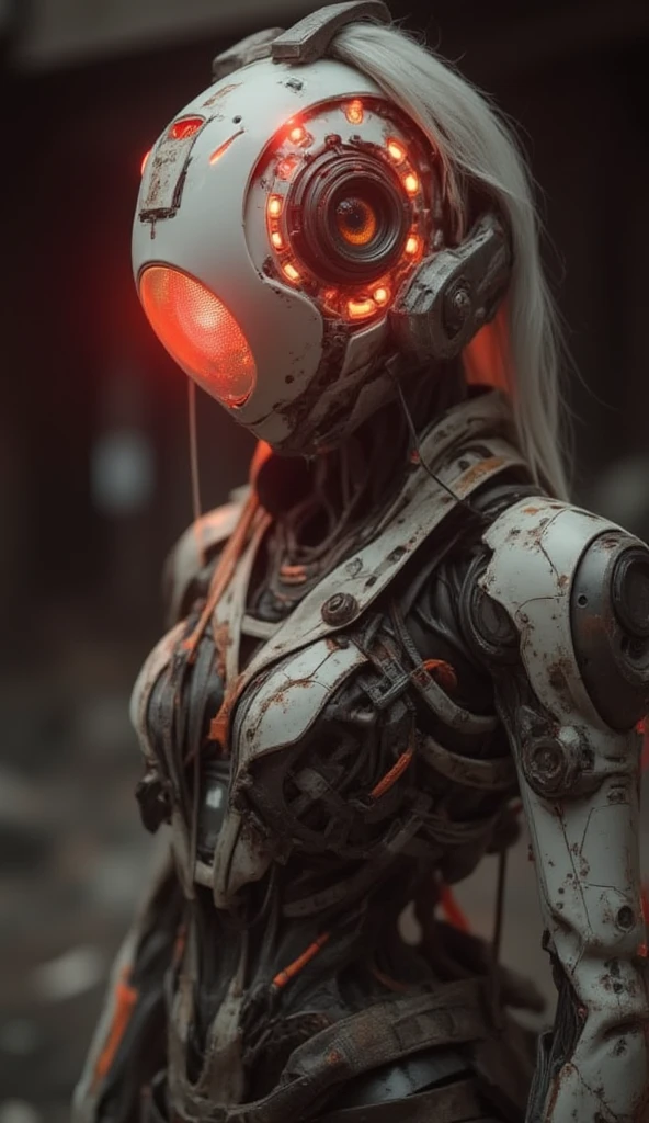 ral-opal, meahophontron, full body, woman robot face, Cyberpunk, devil nun, , looking at camera, body nun clothes, red eyes, primer plano looking at camera, realist, beautifull woman,  face, black clothes, gray and red, closeup face