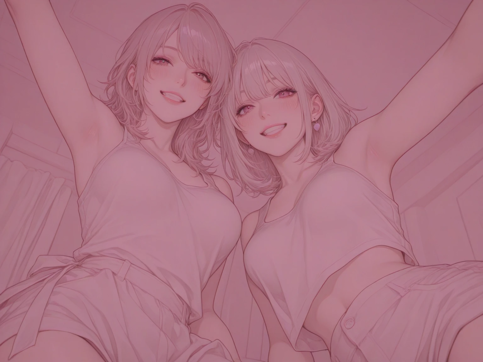 2girls (twins), sitting on red bed , arms raised in the air , front view, cute, android 18, blonde hair, shor hair, wearing pink nightgown
