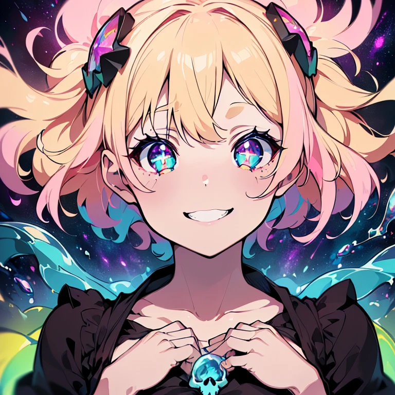 detailed background, masterpiece, best quality, smile, ornament, hoodie, portrait, yellow neon, graffiti, dark, night, glowing eyes, blacklight