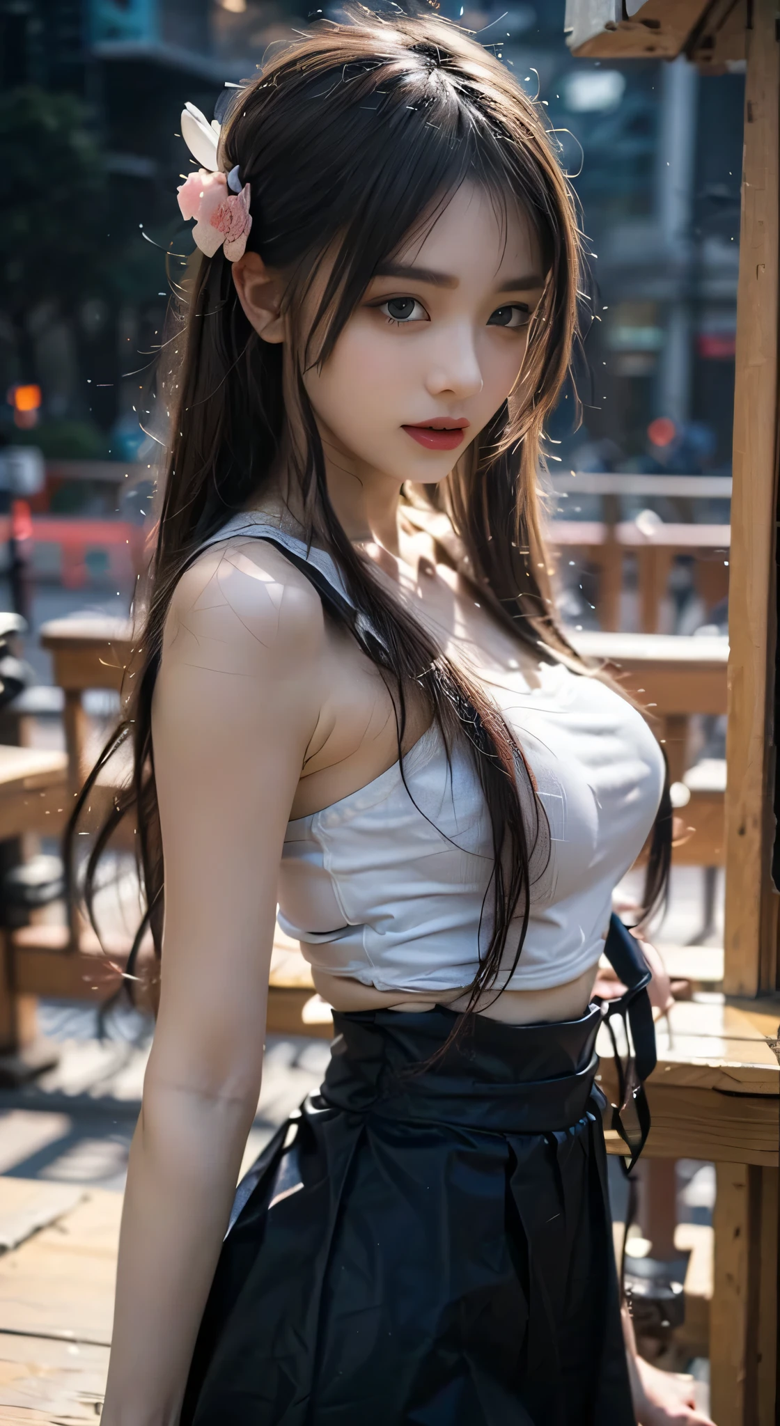 8K resolution, masterpiece, Highest quality, Award-winning works, unrealistic, tifa lockhart, 20-year-old, sexy office lady, (black long hair:1.3), beautiful Perfect Face, Soft Skin, Perfect Face, Yasutomo Oka's painting style, 165cm tall, Three sizes are 92/60/88, (black suit:1.5), white silk camisole, deep Cleavage, black long slacks, black garter belts, knee high socks, black pumps, details, Splash screen,Sharp eyes, crystal blue eyes, pink lips, BREAK, White Silver, dynamic sexy poses, Sweat, Strong winds, standing alone on station platform, waiting for train coming, Osaka Japan