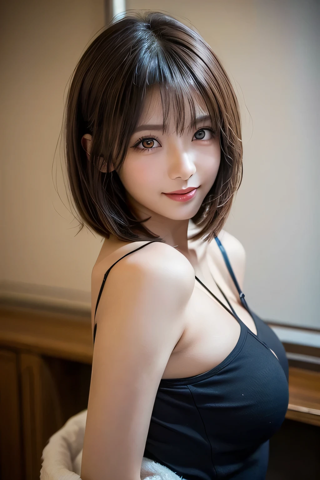 Tabletop, highest quality, shape, Very detailed, finely, High resolution, 8k wallpaper, Perfect dynamic shape, Finely beautiful eyes , Hotel(but),  Face,Ecstatic face,A face at the peak of  arousal,-excited face、Beautiful girl with silver hair and bob cut、Beautiful girl with flat and small 