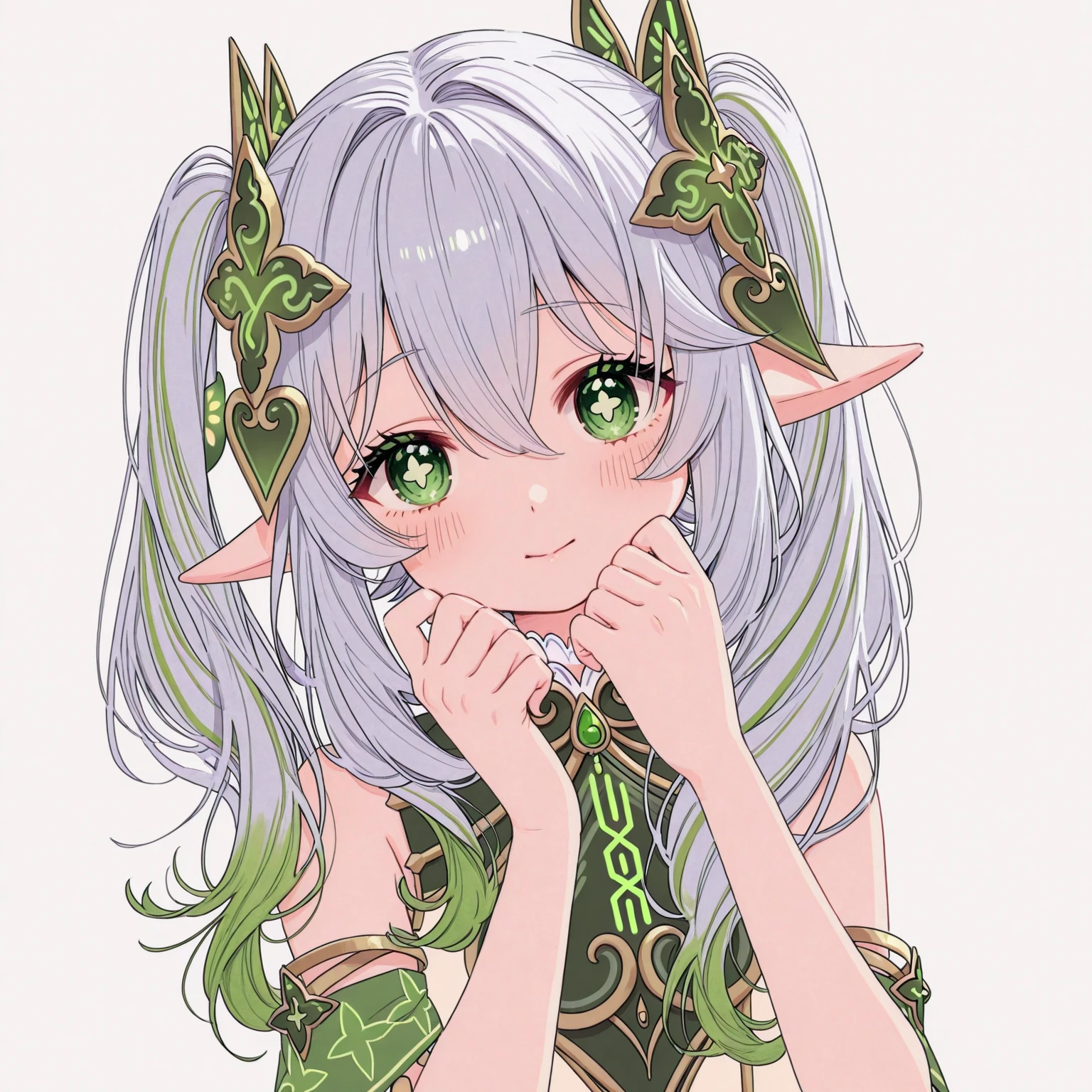 masterpiece,Highest quality,One girl, upper_body, 一人in, Grin, smile, blush, green_eye, horn, earrings, ear_Earrings, jewelry, 前hair, Braiding, Striped_hair, Multicolor_hair, pointed_ears, off_shoulder, black_nail, devil_wing, Looking_in_Audience, green_background
