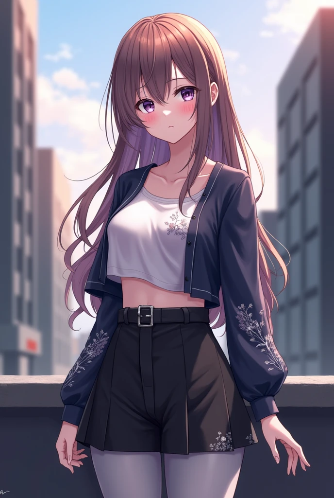 realistic image, coherent image, detailed image, 1 beautiful girl. She has purple hair, long hair. Her eyes are berry pink, with a six-pointed star in each of her eyes, long eyelashes. Her face is oval and delicate, smiling. She is wearing a long-sleeved off-the-shoulder t-shirt, showing her navel, pleated , sneakers, she has a  body, , thick thighs, urban background, surrounded by buildings, natural lighting, volumetric lighting,