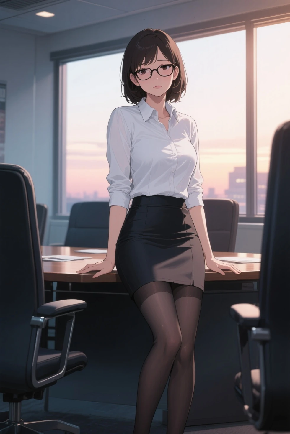 masterpiece, top quality, 1 in, upper part of body, Sit on it, short hair, , A black-haired one, 、Camisoles, Short skirt、Number of people: Go it alone: Time to work at home: Morning Place: The house is in an open space: Remote world view: Modern office camera angles: View your computer screen，stockings