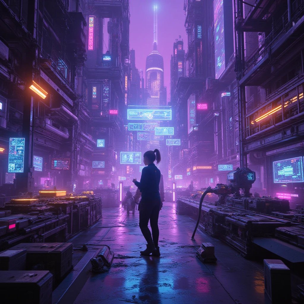 Picture the crew of the Enterprise NCC-1701-D, enormous tits, in a cyberpunk universe, navigating neon-lit cityscapes and high-tech environments. Capture the cyberpunk vibe seen in the works of Syd Mead or Simon Stålenhag.