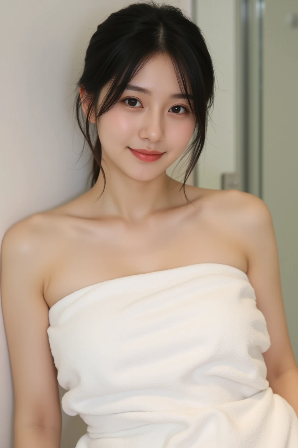 (Highest quality、Tabletop、8K、Best image quality、Award-winning works)、One beautiful woman、( with a bath towel wrapped around her:1.3)、(The simplest pure white background:2)、(Holding your chest with your hands:1.1)、(Damp Hair:1.1)、(Sweaty, damp skin:1.1)、Upper body photo、Brightly lit face、Hot face、Very bright、Ultra-high definition cute face、Ultra high resolution perfect beautiful teeth、Ultra HD Hair、Ultra-high definition moist, shiny skin、Super high quality glossy lips、(Accurate :1.1)、(Big Breasts:1.1)、Cleavage、Voluptuous body、(Close-up of face:1.1)、(Accentuate your body lines:1.1)、(Accurate :1.1)、(The perfect bath towel:1.3)、Staring at me