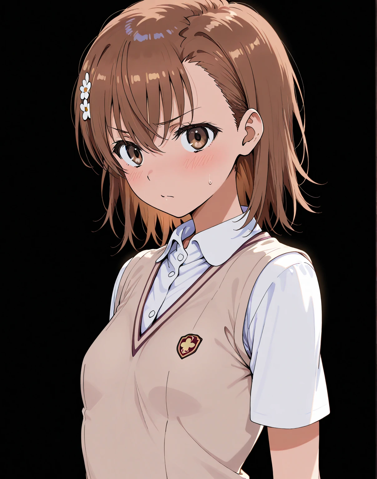 1girl, solo, hair ornament, shirt, jacket, ribbon, skirt, dress shirt, pink ribbon, , pleated skirt, white shirt, neck ribbon, collared shirt, hood, , looking at viewer, black jacket, long sleeves, shirt tucked in, brown skirt, hairclip, solo, night sky, forest, arms behind head, contrapposto, spread armpits, closed mouth, smile, upper body, two-tone shirt, hooded jacket, , medium hair, 