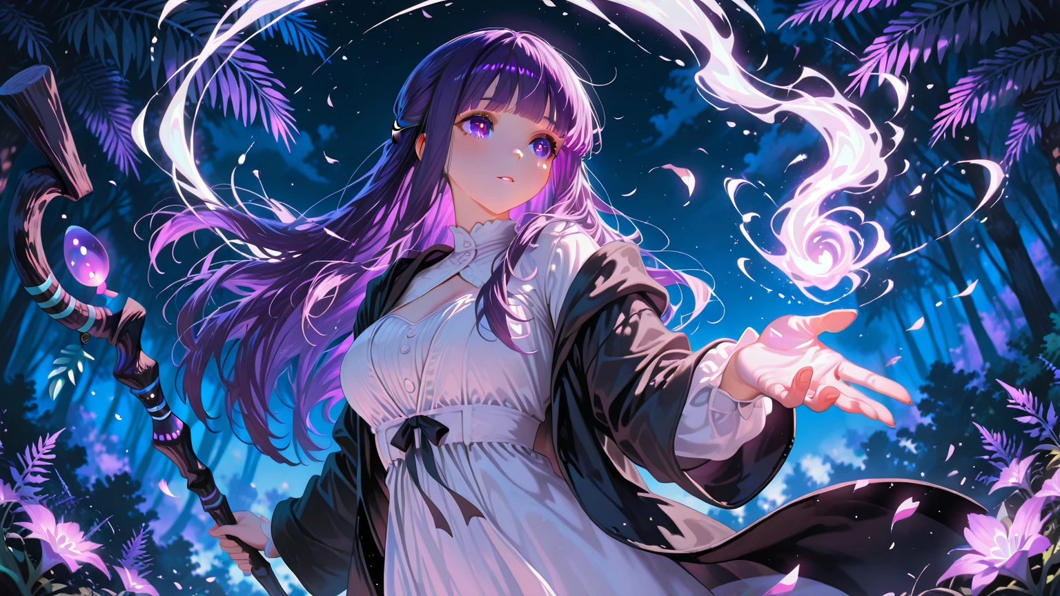 anime girl long purple hair wearing a black Robe. she has pointy ears. Witch Hat. Manga kawaii. iridescent ,An illustration, 0ne person .look back