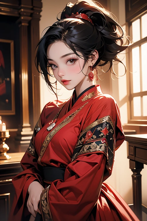 Best image quality、8k、masterpiece：1.3))、Realistic high-quality photos、Highest quality、 Beautiful face、Photos of slim models、Beautiful girl model、Young and pretty face、Beautiful model girl、A lovely and delicate face、Black Hair、Beautiful brown eyes、Young Body、Hanfu, (emphasize)、from the front、Camera gaze,、Anatomically correct、胸の谷間をemphasize、whole body、13-year-old female model、smile、Japanese women