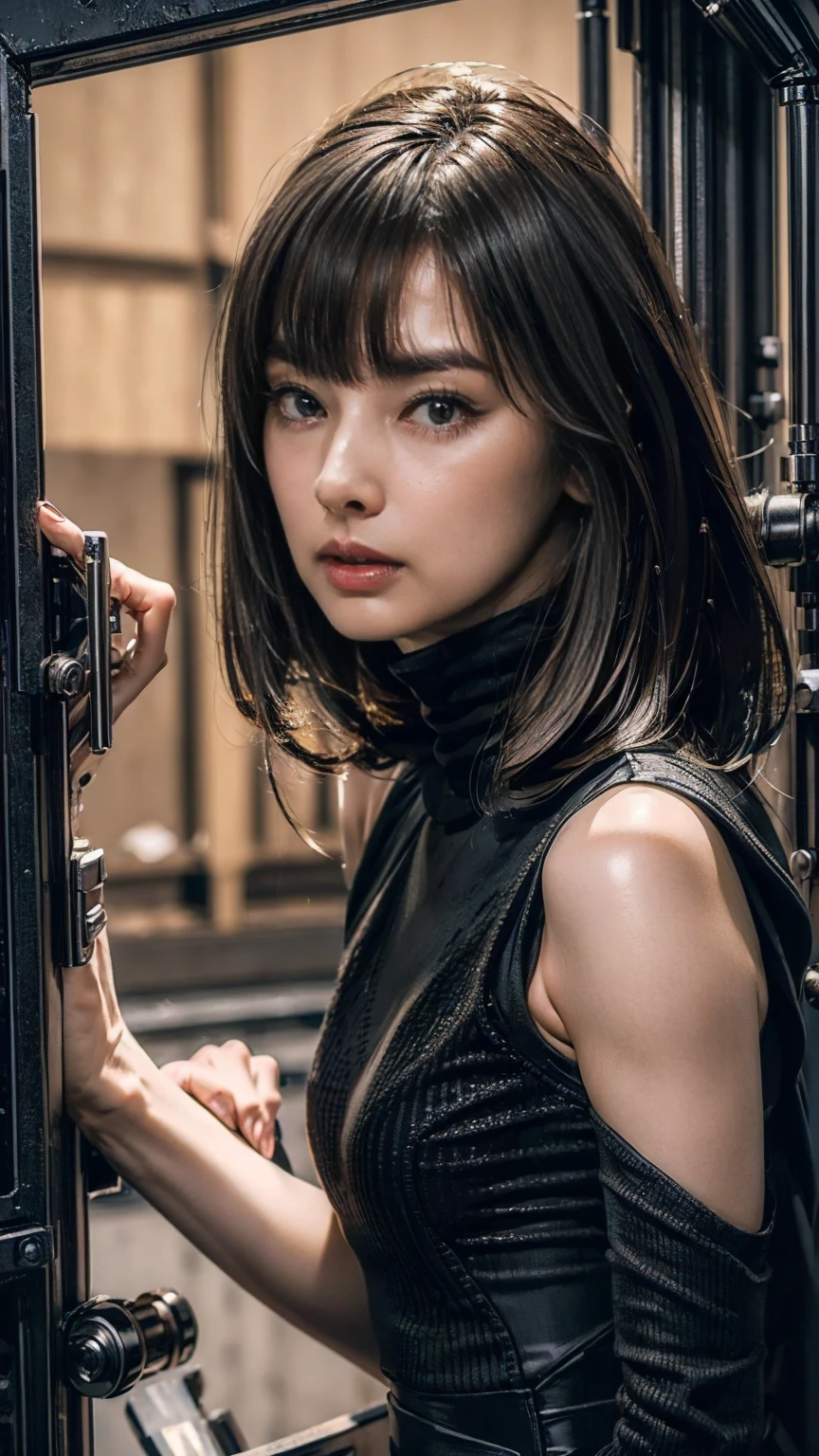 ((Hyper detailed face, correct face, perfect face,))Realistic, polite t-shirt and , (Fighter plane action war movie poster), (Base movie reference: ealistic, general  from Air Force, (Realistic Face Resolution), Cinematic Poses, Adult, Slim, Small, Short Hair Dark Black Woman 1 Person, Serious Face, Sci-Fi, Science Fiction, Different