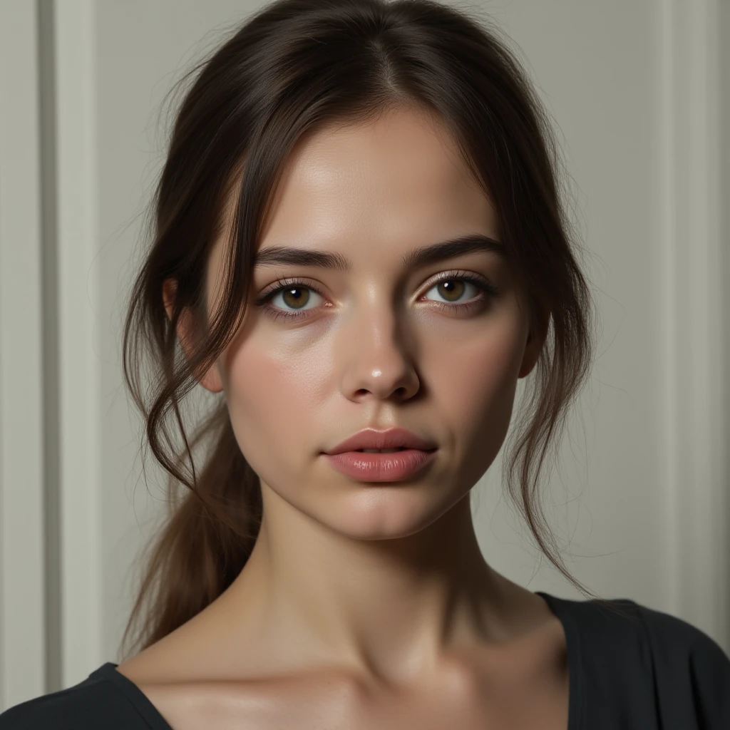 A 20 year old girl with ponytail hair, big dark gray eyes, and a perfect ovale face, rendered in a photorealistic style with sharp edges and a vibrant atmosphere, standing in a convenience store with a top tank shirt
