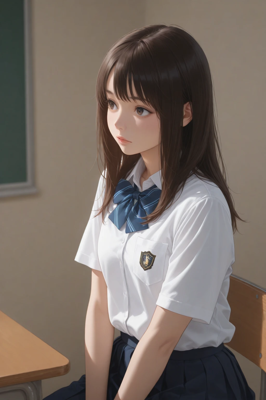high school girl、classroom、Window seat、Upper Body、Daytime、Sitting with a sullen face、Elbows on the desk、profile