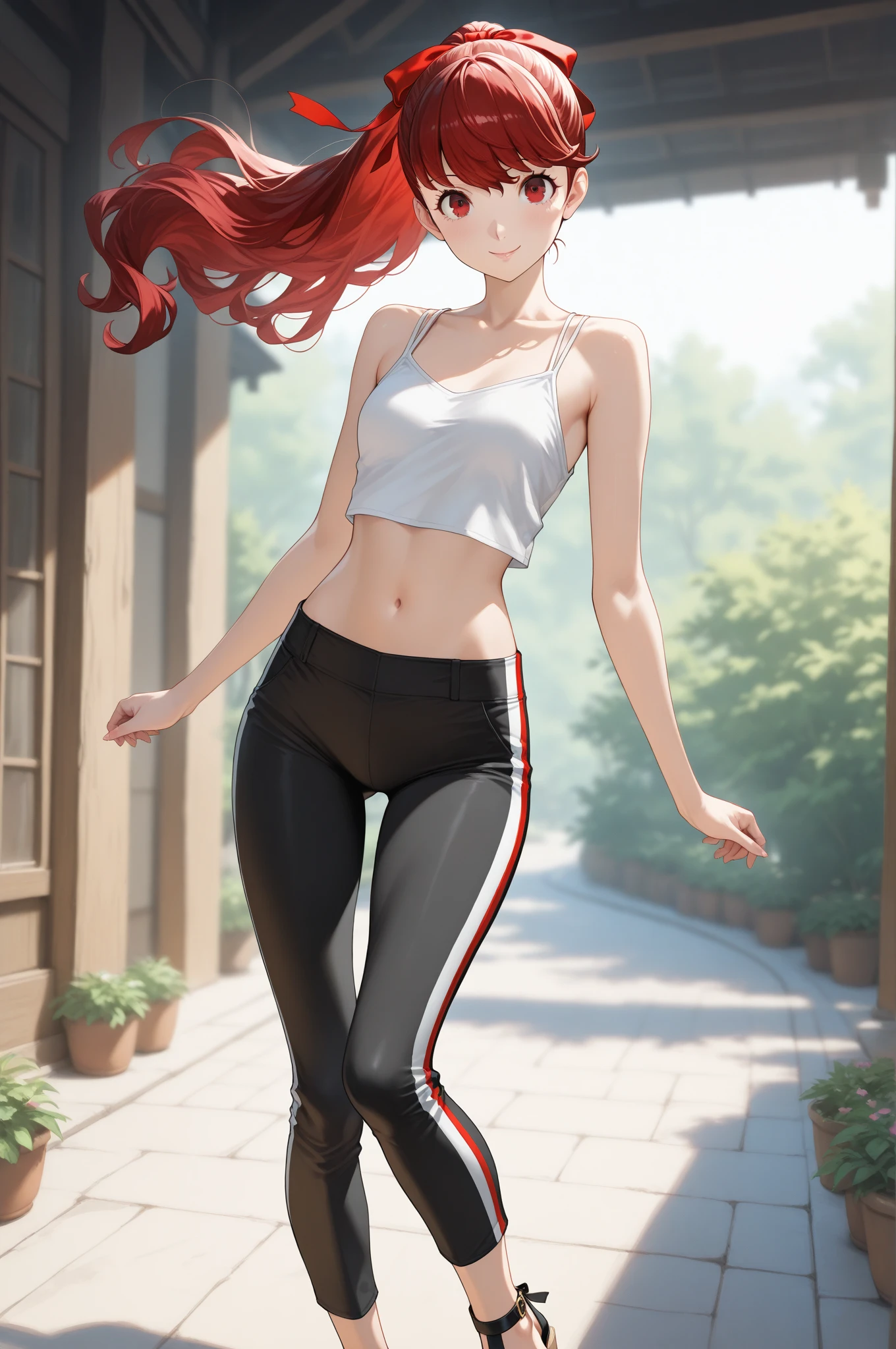 kyoka jiro, 1girl, solo, , blush, short hair, bangs, simple forest background, strapless mini croptop, black tight pants, ((open-toe platform high heels)), open mouth, purple eyes, collarbone, full body, purple hair, short sleeves, blunt bangs, looking away, long earlobes, tiny waist, thick , angry expression