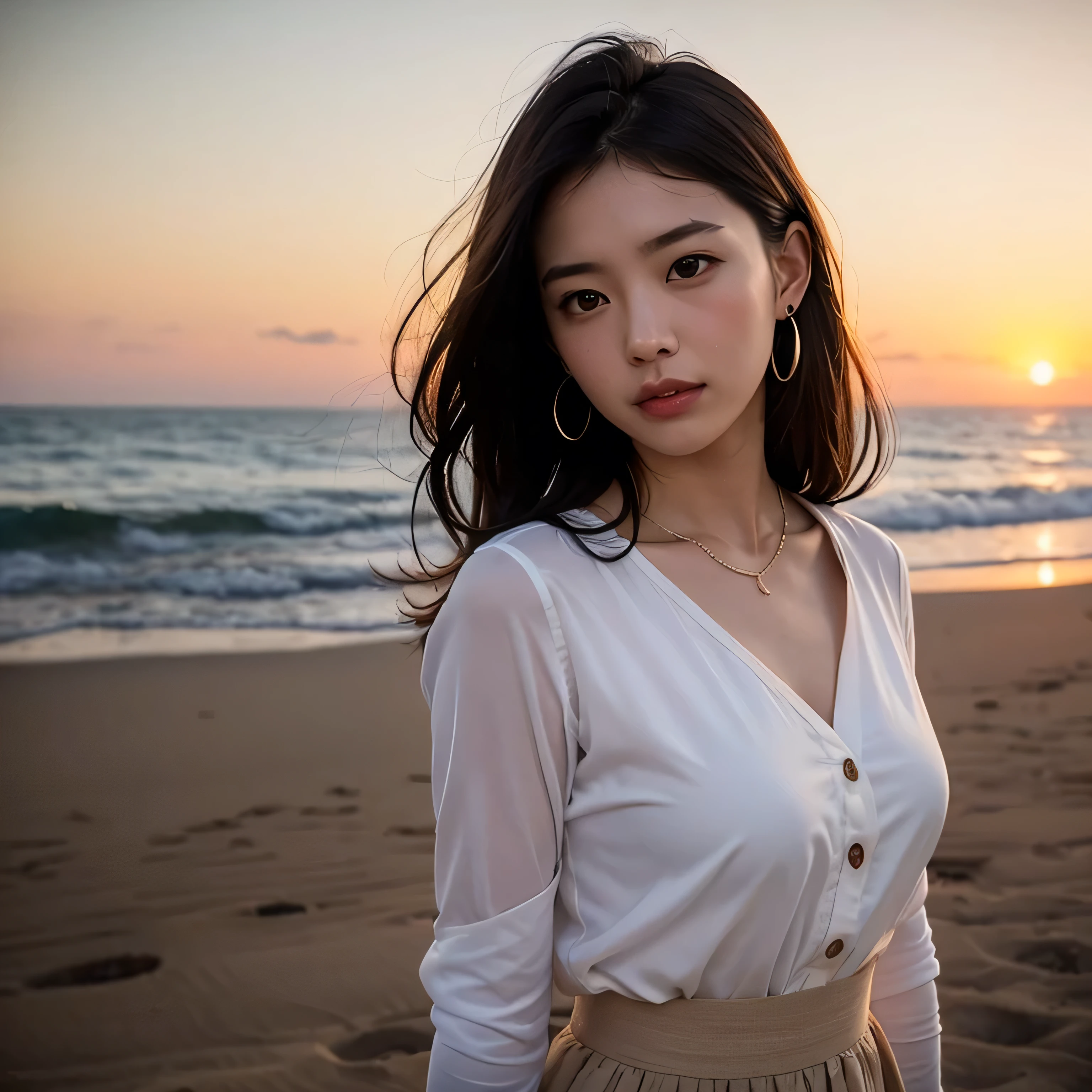 A perfect young female，Chinese，(masterpiece:1.3), (8k, photorealistic, RAW photo, best quality: 1.4), gravure photography, (sunset need, 8K, master piece:1.3)), ((beautiful 1 woman)) , slim abs:1.1, (( brown wavy hair, Big cities:1.2 )), ，( oversize t-shirt ), posing, towards the camera:1.2,), ((Ocean，:1.3)), Highly detailed face and skin texture, detailed eye, double eyelid