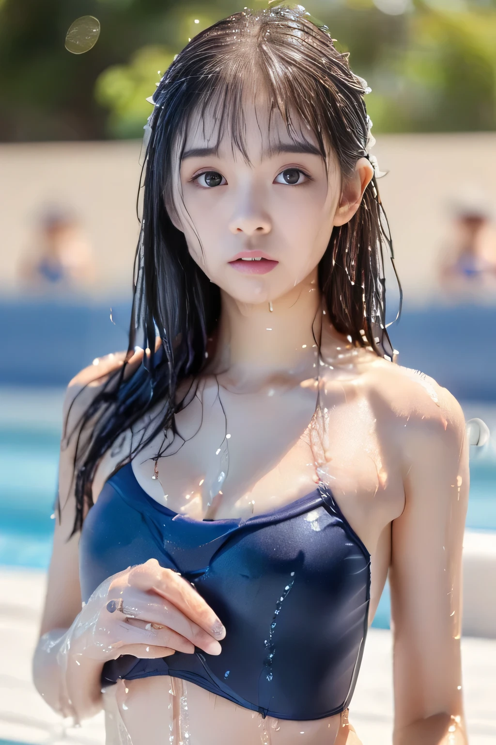 Highest quality、masterpiece、beautiful、Detailed、Age: 18、、Poolside、Show the whole body