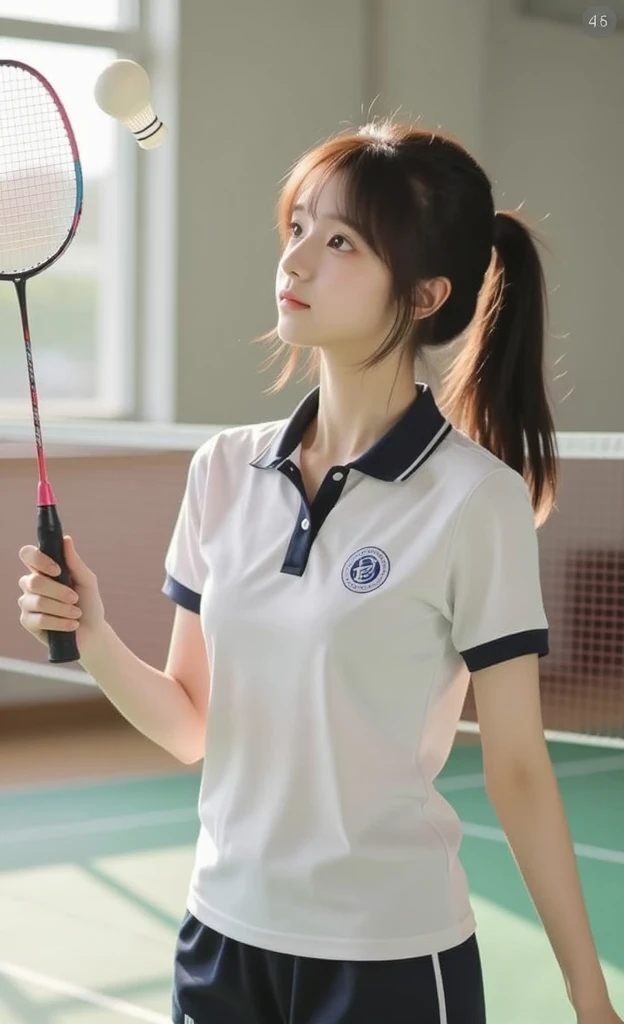 (Photo realism: 1.4), (Surrealism: 1.4), (Practical: 1.3), (soft light: 1.05), (Improved lighting: 0.9), 32k, 1 girl, 20 year old girl, Practical lighting, Backlight, face light, Ray Tracing, (Whitening Light: 1.2), (Image Enhancement: 1.4), ( Top quality leather: 1.4), Narrow your eyes, delicate face, Narrow your eyes, (Body lines, mood boost: 1.1), Breasts that are too large, Large target, (Improve skin quality and beauty: 1.1),volleyball uniform:1.4, indoor_volleyball_court_background:1.4, Thighs Thighs Thighs Thighs, protrude , crotch